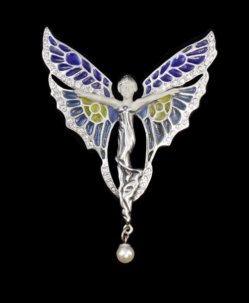 emaillierte Jugendstil Brosche Elfe Perle Swarovski