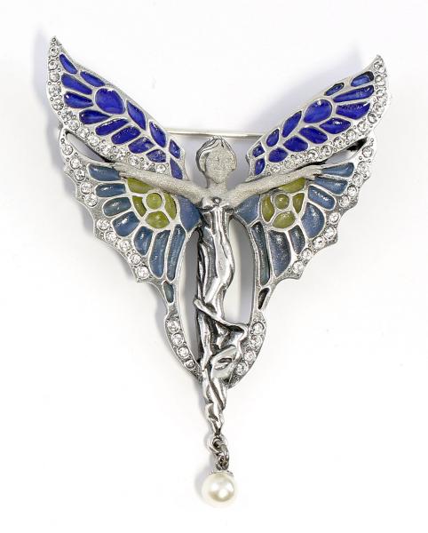 emaillierte Jugendstil Brosche Elfe Perle Swarovski