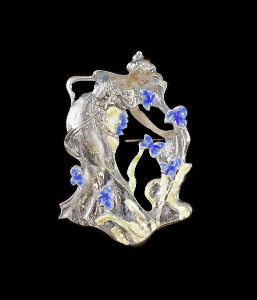 emaillierte Jugendstil Brosche schöne Frau Anhänger