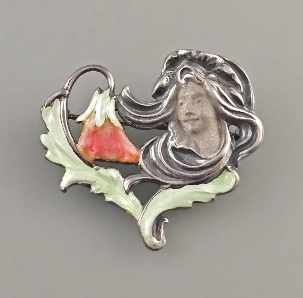 emaillierte Jugendstil Brosche schöne Frau
