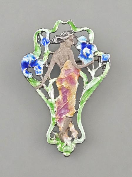 emaillierte Jugendstil Brosche schöne Frau