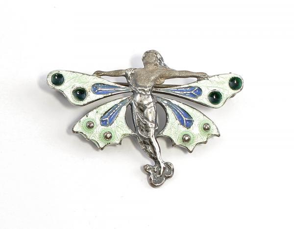 emaillierte Jugendstil Anhänger Brosche Elfe