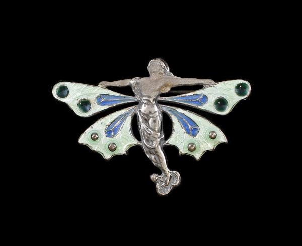 emaillierte Jugendstil Anhänger Brosche Elfe