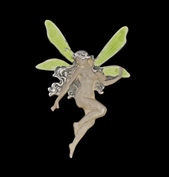 emaillierte Jugendstil Brosche Elfe