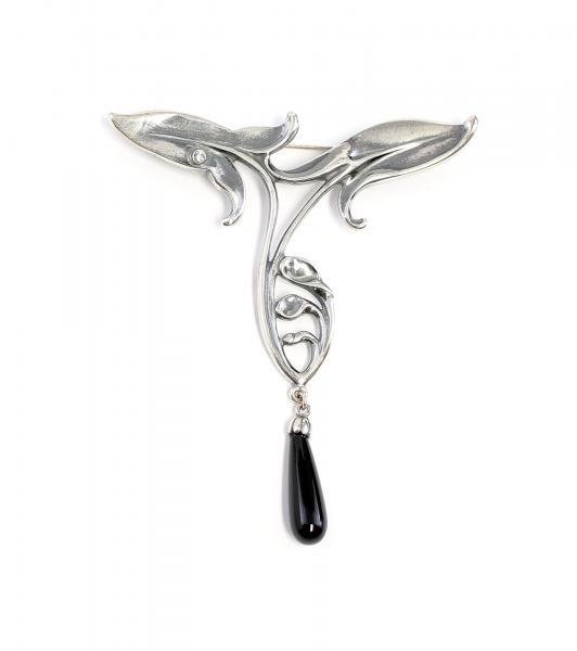Jugendstil Brosche mit Onyx und Swarovski