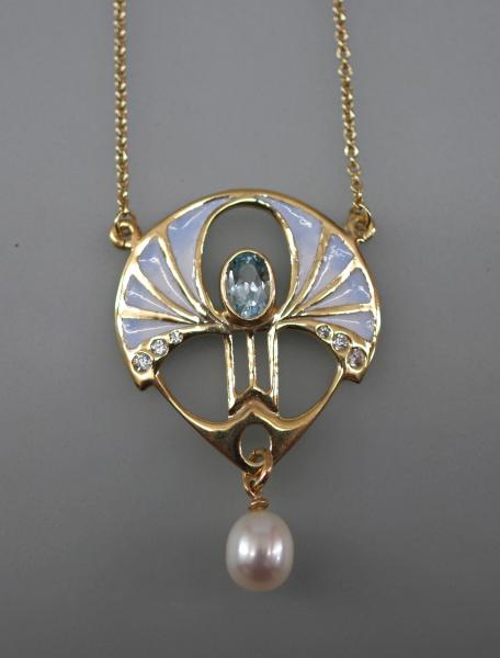 Jugendstil Collier Blautopas emailliert Perle