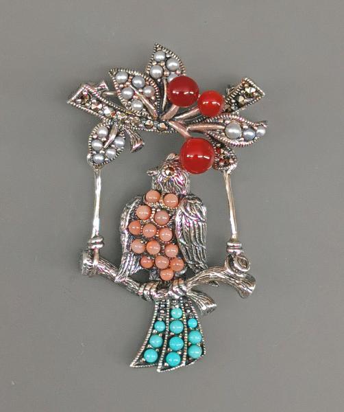Anhänger Brosche Papagei mit Kirschen