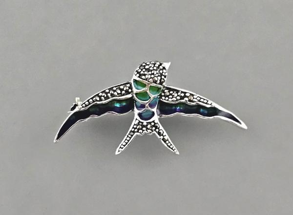 emaillierte Brosche Markasiten Schwalbe 3,5x2cm