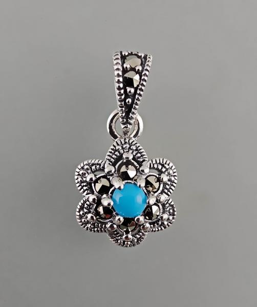 silberner Türkis Anhänger mit Markasiten Blüte 1,9 cm