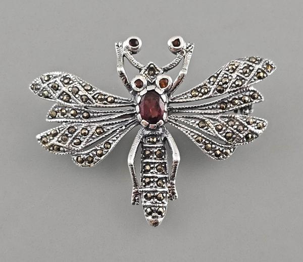 Granat Markasiten Anhänger Brosche Libelle 4,5x4cm