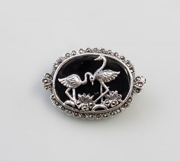Onyx Markasit Brosche Flamingos Jugendstil