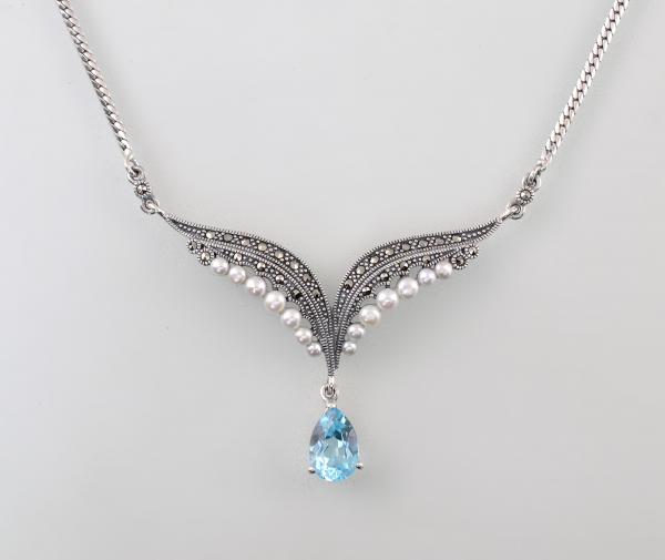 Blautopas Perlen Markasit Collier
