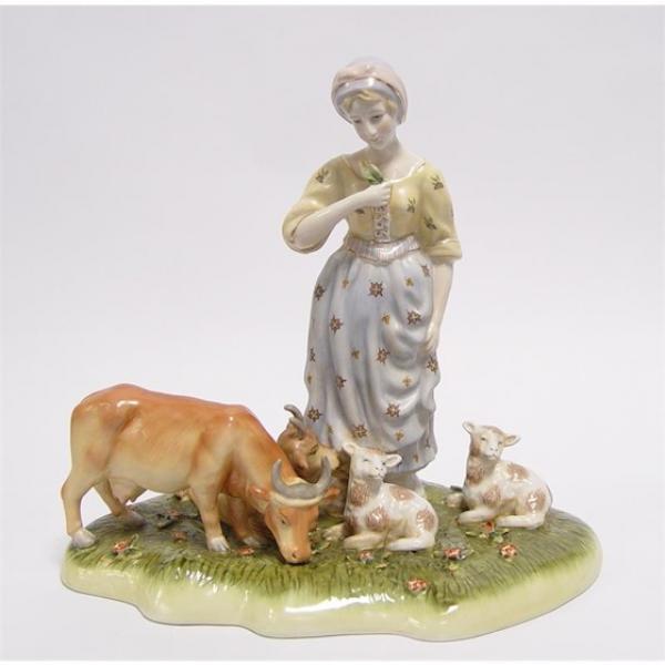 Porzellan Figur Bäuerin mit Kühen und Kälbchen