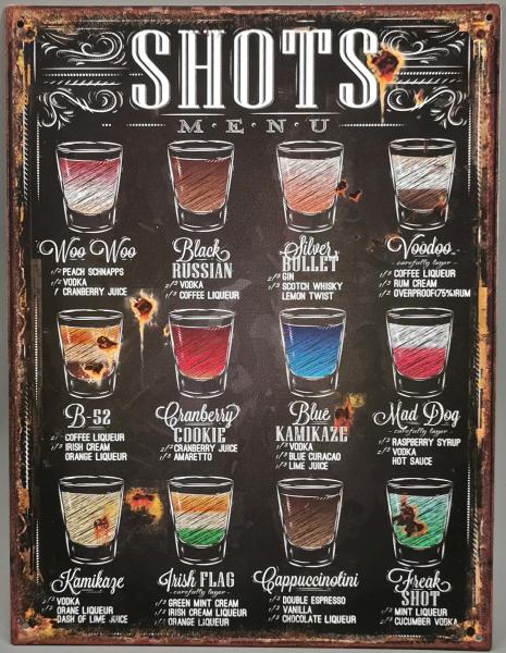 Blechschild Shots Menu