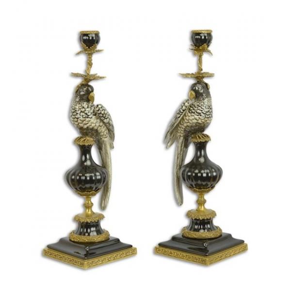Porzellan Bronze Leuchter Papageien