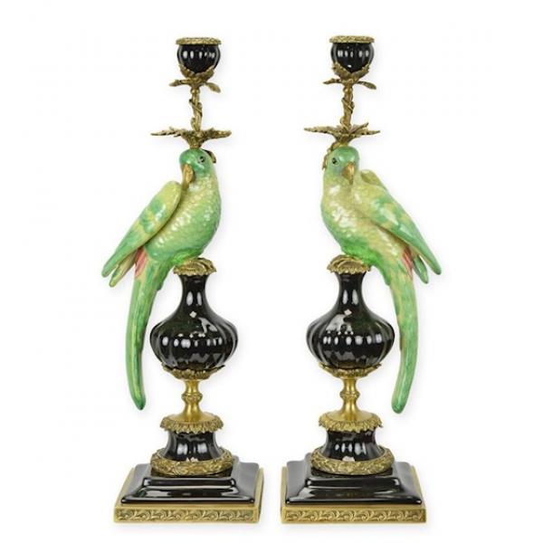 Paar Leuchter Papagei Bronze Porzellan