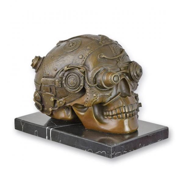 Bronze Skulptur auf Steinsockel Steampunk Totenkopf