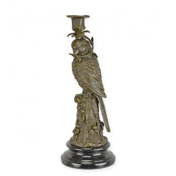 Bronze Skulptur auf Steinsockel Papagei Kerzenhalter
