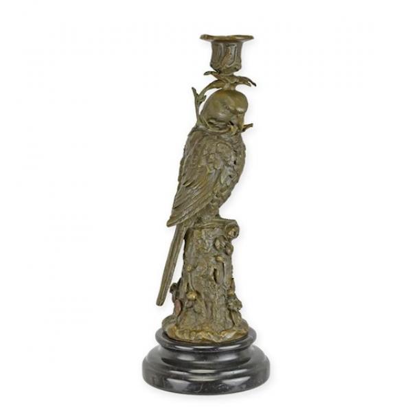 Bronze Skulptur auf Steinsockel Papagei Kerzenhalter