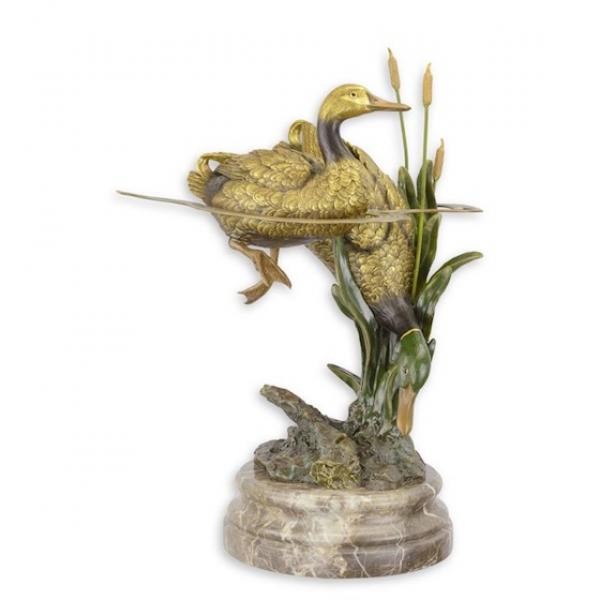 Bronze Skulptur auf Steinsockel Entenpaar schwimmend farbig
