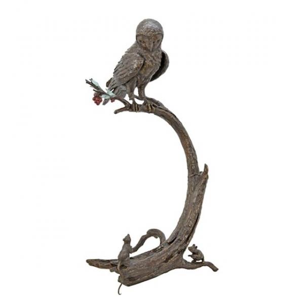Bronze Skulptur Eule auf Ast mit Mäusen