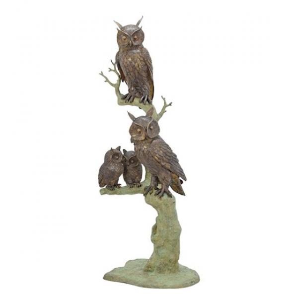 Bronze Skulptur 4 Eulen auf Baum