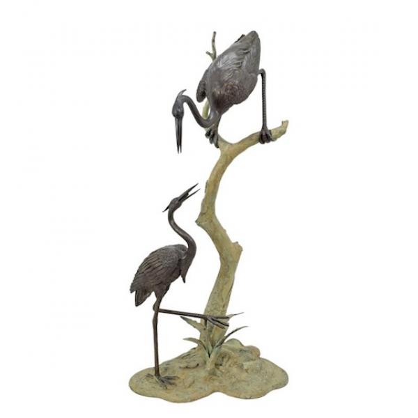 Bronze Skulptur Fontäne Reiher Paar auf Baum