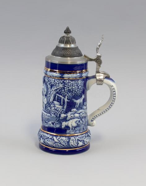 bäuerlicher Bierkrug mit Deckel Kobalt
