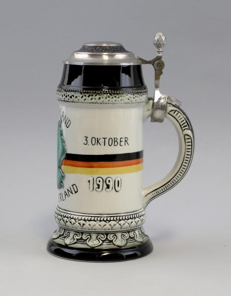 Bierkrug Wiederveringung / Deutsche Einheit Zinndeckel 1 Liter