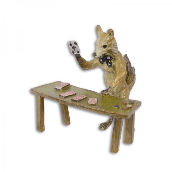 Bronze Skulptur Fuchs als Kartentrickspieler