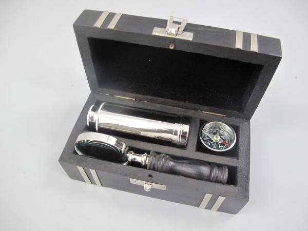 Nautik-Set vernickelt Holzdose