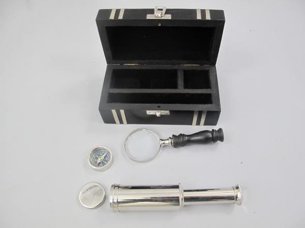 Nautik-Set vernickelt Holzdose